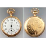 A 14ct YELLOW GOLD LADIES POCKET WATCH BY WALTHAM, with a circular enamel dial, Arabic numerals,