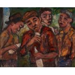 KENNETH BAKER (1921 - 1996), GROUP OF MEN, oil on board, signed, 34cmby 43cm.