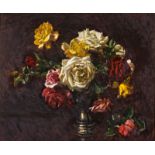 IVANONIA ROWORTH (1920 - ), STILL LIFE OF ROSES IN A VASE, oil on board, signed and dated 1955, 50cm