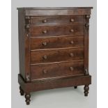 A VICTORIAN FLAME MAHOGANY CHEST-ON-STAND, the rectangular top with well-figured frieze above five