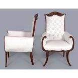 A PAIR OF FRENCH EMPIRE-STYLE ARMCHAIRS, the hard top-rails above deep buttoned upholstered backs,