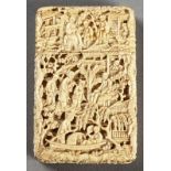 A CHINESE CANTON IVORY CARD CASE, 19th CENTURY, CIRCA 1840, with scenes of figures in a garden and