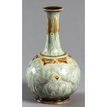 A DOULTON LAMBETHWARE BOTTLE VASE, the narrow neck tapering on a bulbous body, the green glaze