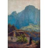 EDWARD ROWORTH (1880 - 1964), FARM COTTAGE WITH MOUNTAINS IN BACKGROUND, oil on canvas, signed, 43cm