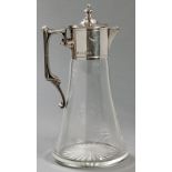 A 20th CENTURY SILVER AND GLASS CLARET JUG, LONDON 1997, W.W., hinged cover, C-form handle decorated