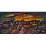 KENNETH BAKER (1921 - 1996), PEOPLE WALKING ON GRAVEL ROAD TOWARDS HOUSES, oil on board, signed