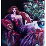 ANDRE NAUDE (1950 - ), SEATED LADY WITH A CAT, oil on canvas, signed and dated '83, 147cm by 147cm.