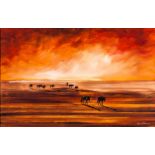 GAVIN COLLINS (1971 - ), WILDEBEEST IN ARID LANDSCAPE, oil on canvas, signed and dated 2006, 89cm by