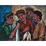 KENNETH BAKER (1921 - 1996), FISHERMEN, oil on board, signed, 40cm by 51cm.