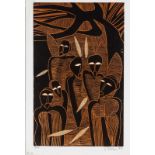 CECIL EDWIN FRANS SKOTNES (1926 - 2009), SHAKA DEFEATS SHOSHANGANE, colour woodblock print on paper,