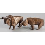 TWO BRONZE SCULPTURES OF A BEAR AND A BULL, signed and numbered AP-1, 21cm by 38cm (bull), 17.5cm by