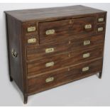 A 19th CENTURY MAHOGANY MILITARY-STYLE CHEST, the reeded top above a fall revealing drawers and an