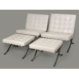 A PAIR OF CHROME AND IVORY LEATHER BARCELONA CHAIRS AND OTTOMANS, DESIGNED BY LUDWIG MIES VAN DER