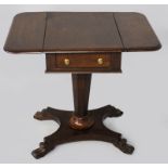 A WILLIAM IV MAHOGANY PEMBROKE TABLE, the rectangular top with two ladies above a drawer and dummy