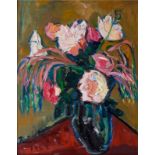 IRMA STERN (1894 - 1966), STILL LIFE WITH ROSES AND BROMELIADS IN A VASE, oil on canvas, signed