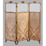 A LATE 19th CENTURY LOUIS XIV ROCOCO-STYLE SCREEN, each of the three panels surmounted with stylized