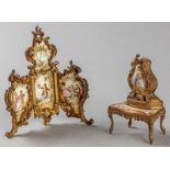 A MID-19th CENTURY FRENCH LIMOGES ENAMEL THREE PART SCREEN AND A CARTONNIER, painted with