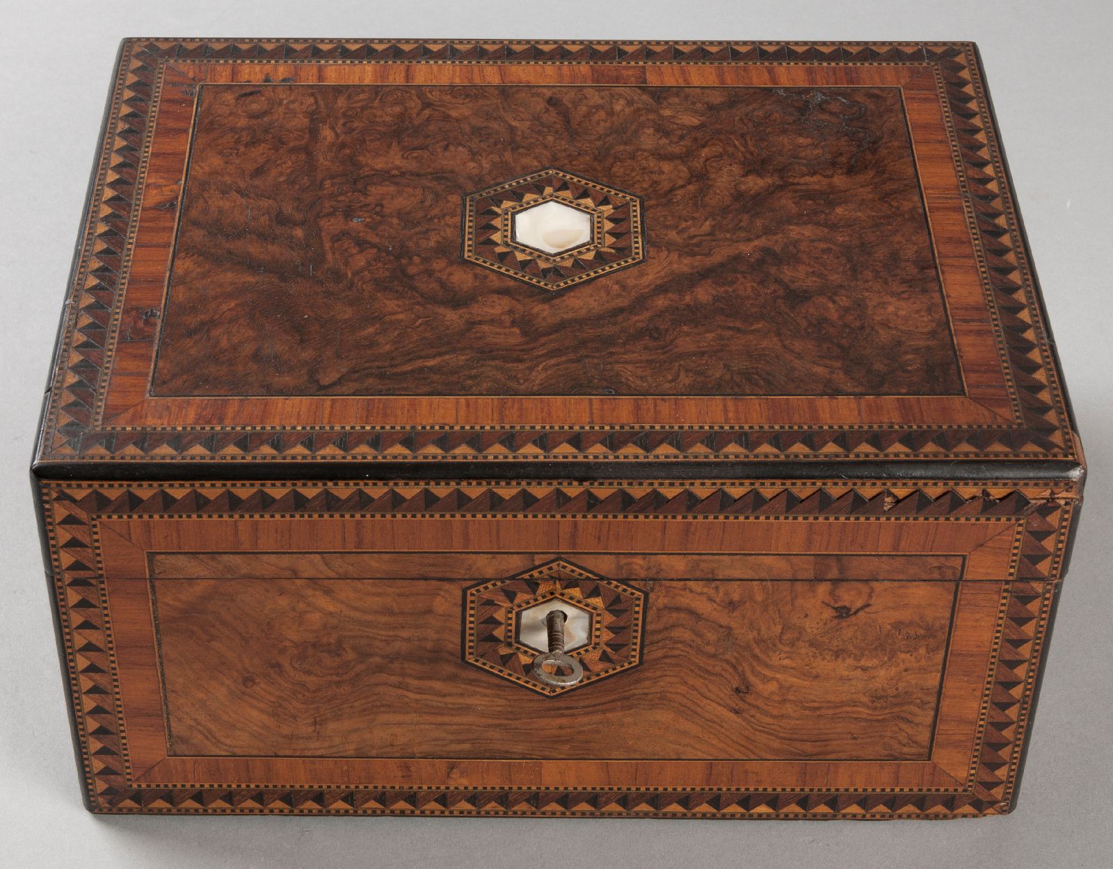 A VICTORIAN TUNBRIDGEWARE WALNUT WRITING BOX, the rectangular burr walnut top and front inlaid in