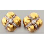 A PAIR OF 18ct YELLOW GOLD AND DIAMOND STUD EARRINGS, of square form, set with a brilliant-cut