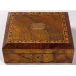 A VICTORIAN TUNBRIDGEWARE TRAVELLING COMPANION, in various exotic woods including birds eye maple,