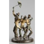 A BRONZE SCULPTURE INSTALLATION OF THREE MINSTRELS, standing on a circular marble base, unsigned,