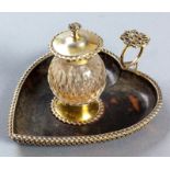 A VICTORIAN SILVER, GLASS AND TORTOISESHELL INKWELL, LONDON 1894, WILLIAM CHAWNER, hinged cover with