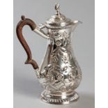 A GEORGE II SILVER COFFEE POT, LONDON 1769, CHARLES WRIGHT, the hinged top with flame-form finial,
