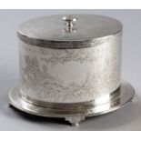 A SILVERPLATE BISCUIT BARREL, the hinged top with removable finial, the top and body engraved with