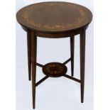 A LATE 19th CENTURY MAHOGANY SIDE TABLE, the circular top inlaid with stained boxwood in an Arts and