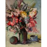 JAN DINGEMANS (1921 - 2001), STILL LIFE OF FLOWERS IN A VASE WITH APPLE AND TEACUP, oil on board,