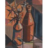 PETER CLARKE (1929 - 2014), STILL LIFE OF BOTTLES AND FLOWERS, oil on cardboard, signed and dated