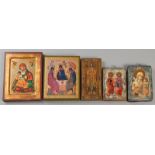 A COLLECTION OF FIVE ICON-STYLE TABLETS, decorated with various figures of The Virgin Mary and