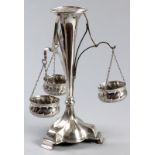 A SILVERPLATE EPERGNE, the central trumpet-form vase, standing on a bulbous tri-pod vase, the vase