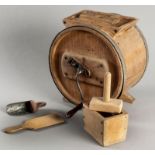 A LATE 19th CENTURY CAPE OREGON BUTTER CHURN, the circular body with an iron handle, fitted interior