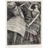 ELEANOR FRANCES ESMONDE-WHITE (1914 - 2007), THREE WINDSWEPT GIRLS, etching on paper, signed and