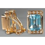 A PAIR OF 14ct YELLOW GOLD, DIAMOND AND AQUAMARINE CLIP-ON EARRINGS, 6g, (2).