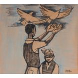 PETER CLARKE (1929 - 2014), MAN AND BOY RELEASING DOVES, ink and pastel on paper, signed, dated 19.