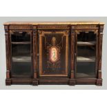 A LATE 19th CENTURY CONTINENTAL CREDENZA, the break-front marble top above a marquetry inlaid