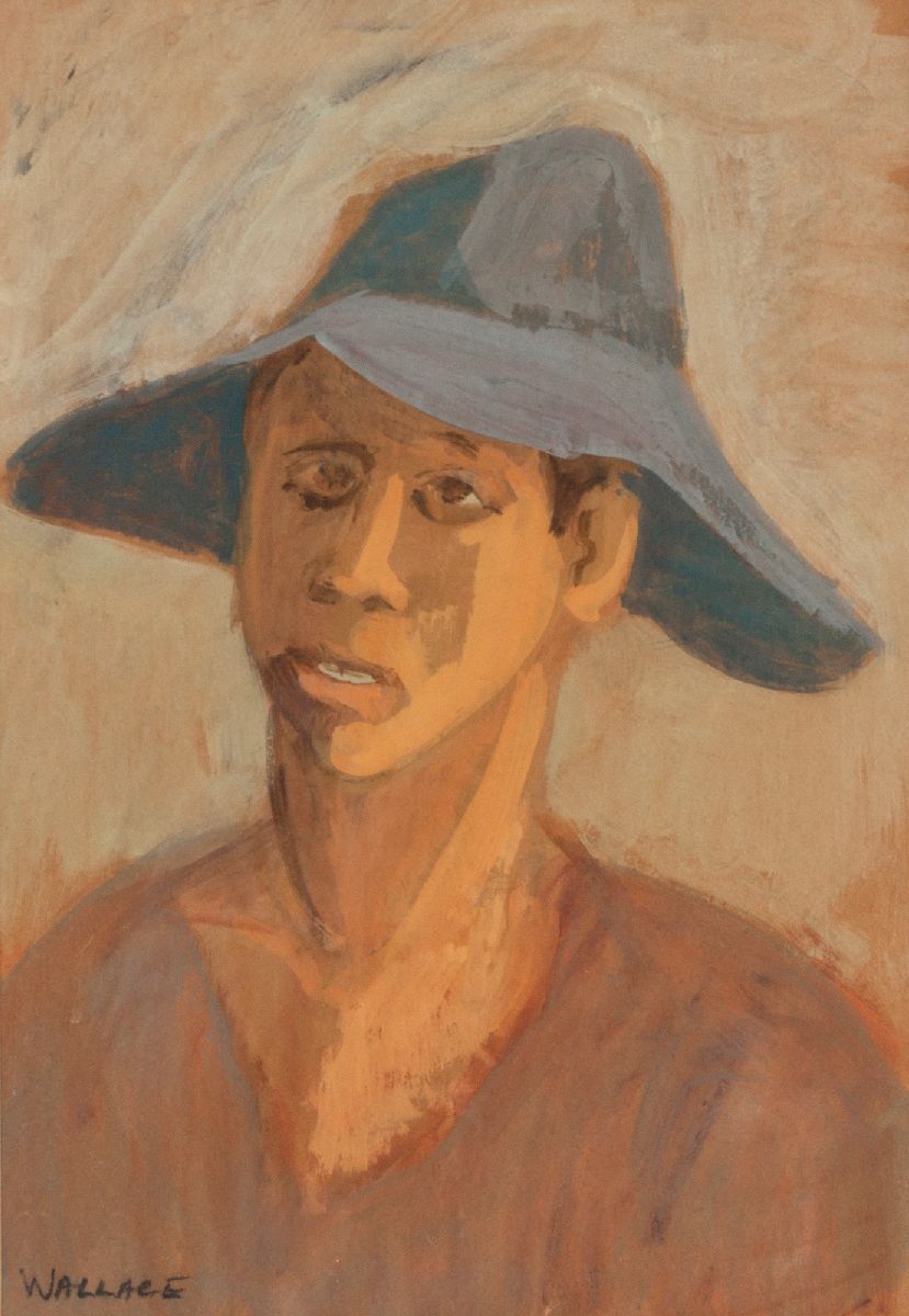 MARJORIE WALLACE (1925 - 2005), PORTRAIT OF A YOUNG MAN WEARING A BLUE HAT, gouache on paper,