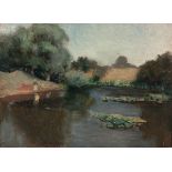 CLEMENT SENEQUE (1896 - 1930), LADY AT A POND, oil on board, signed, 24cm by 33.5cm.