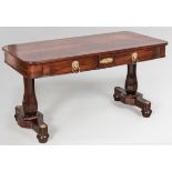 A WILLIAM IV ROSEWOOD LIBRARY TABLE, the well-figured top above a beaded frieze housing two short