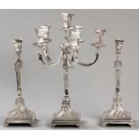 A .925STD SILVER THREE PIECE GARNITURE SET, STAMPED HADAD, comprising: of a candelabrum and a pair
