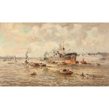 EVERT MOLL (DUTCH: 1878 - 1955), STEAM BOATS, oil on canvas, signed, 58cm by 98cm.