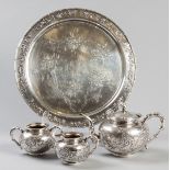 A CHINESE THREE PIECE SILVER TEA SET AND TRAY, STAMPED SHANGHAI, LUEN-WO, CANTON, comprising: of a