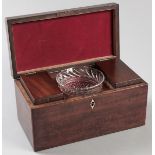 A 19TH CENTURY ENGLISH MAHOGANY TEA CADDY, CIRCA 1840, with two containers and a glass mixing