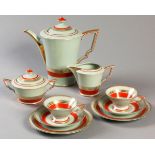 A THOMAS BAVARIA CELADON PORSEELLAN TEA SET, comprising: of a teapot, creamer, sugar basin, five