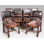 A SETOF EIGHT 20TH CENTURY ENGLISH DINING CHAIRS, including two carvers, the leatherette backs above