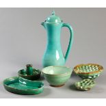 A COLLECTION OF GREEN AND BLUE LINNWARE, comprising: of a coffee pot, two flower roses, a bowl, a