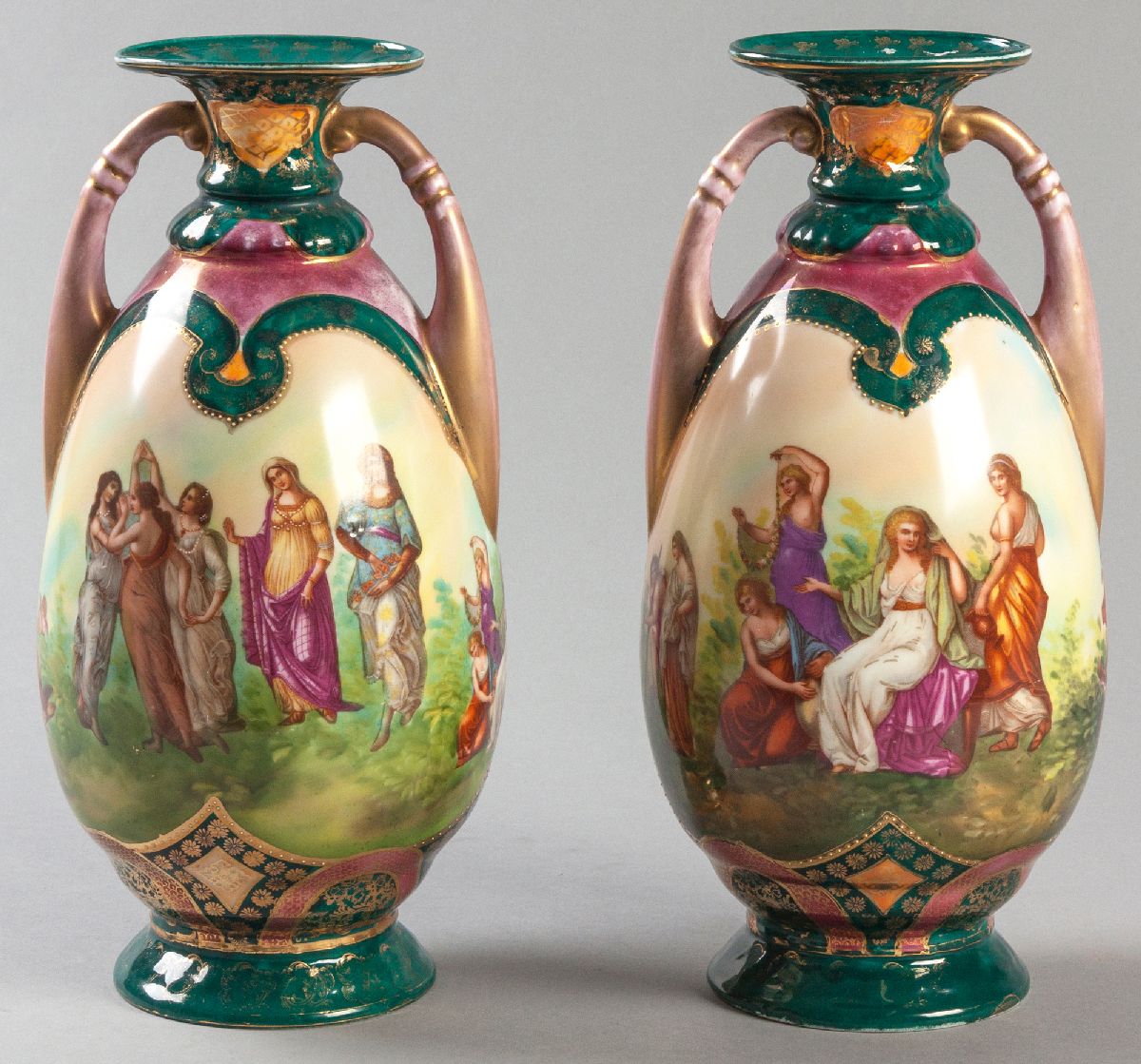 A PAIR OF ROYAL VIENNA VASES, decorated with ladies including "The Three Graces" and cupids, the