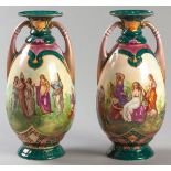 A PAIR OF ROYAL VIENNA VASES, decorated with ladies including "The Three Graces" and cupids, the